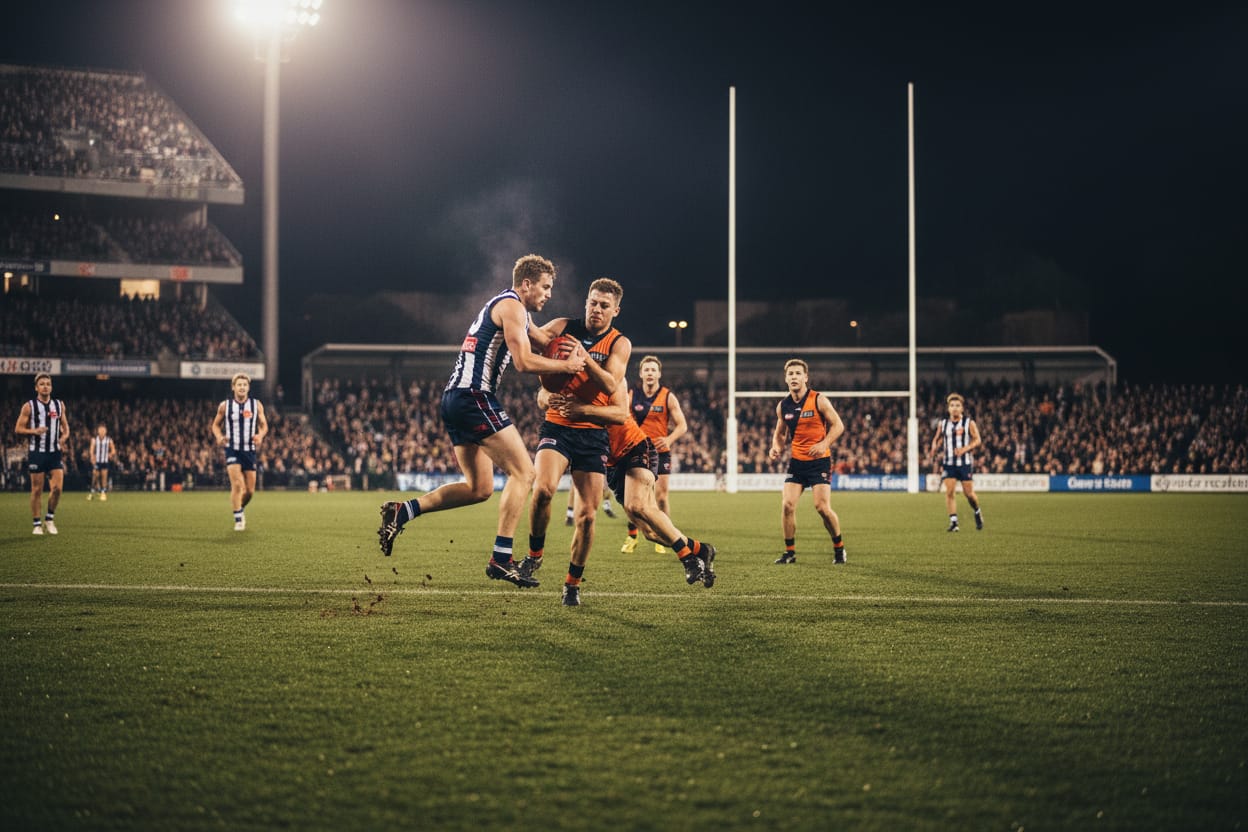 Players contesting the ball under stadium lights