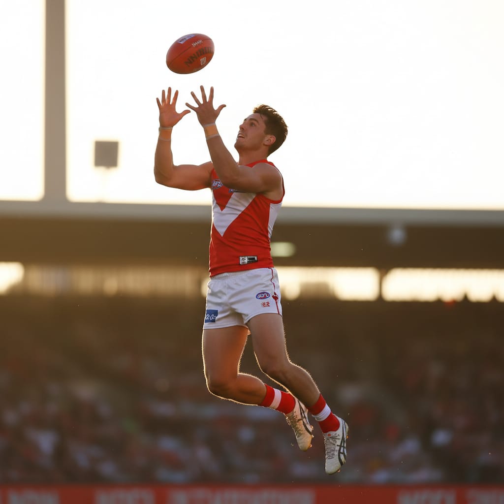 An AFL player leaping to mark the ball in front of a packed grandstand