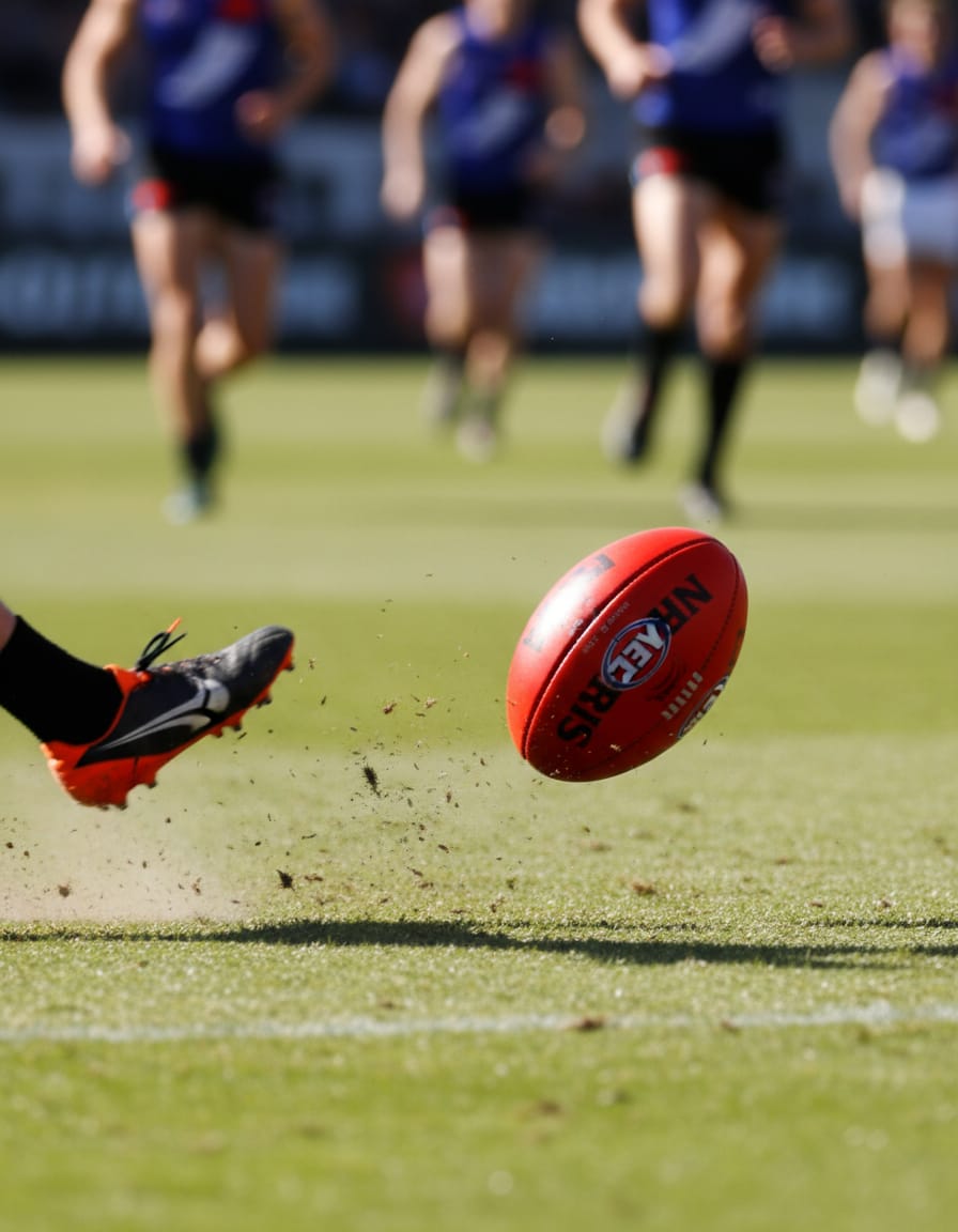 An AFL ball in play during a night match